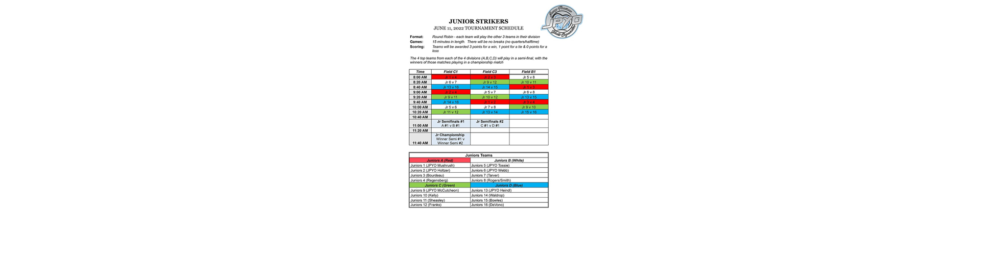 June 11, 2022 Junior Strikers Tournament Schedule